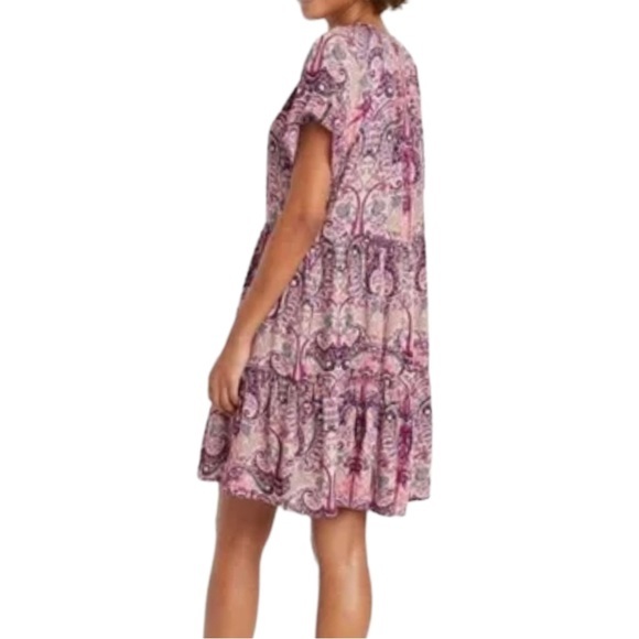 NWOT KNOX ROSE Flutter Short Sleeve Tiered Dress Crinkle Scroll Print Medium - Picture 2 of 10